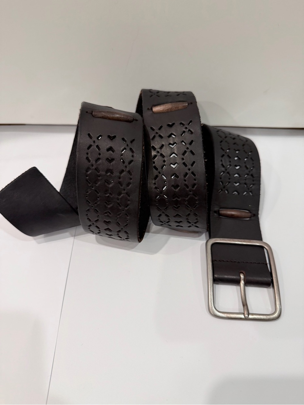 Buckle Brown Leather Cutout Wide Belt Solid Brass Buckle Size L